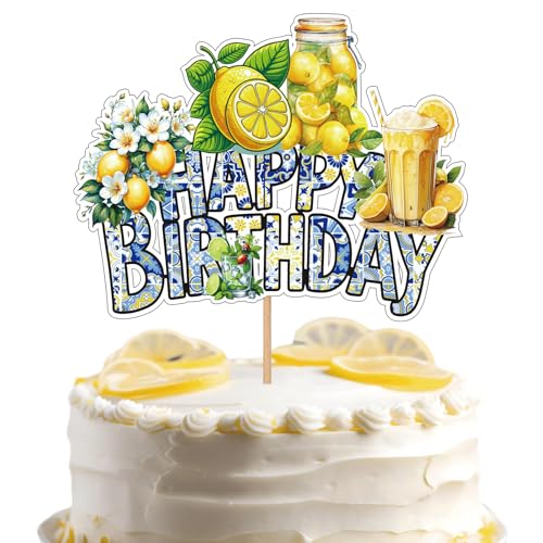 Blue Tile Mediterranean and Lemon Birthday Cake Decorations - Lemon Blue Happy Birthday Cake Topper, Lemonade Cupcake Toppers for Lemon Theme Birthday Party