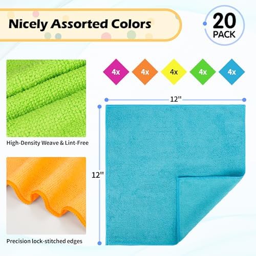 20 Pack Microfiber Cleaning Cloth, Lint-Free Car Wash Towels, All-Purpose Absorbent Cleaning Rags for Housekeeping, Dust Cloth for Office, Mechanic, Automotive, 5 Colors - View 4