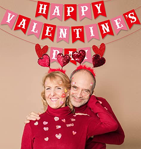Image of FestikoHappy Valentine's Day Banner Red Pink Valentine's Day Bunting Banner with Glitter Heart Signs Valentines Day Paper Banner for Home Wall Valentines Party Decorations Supplies