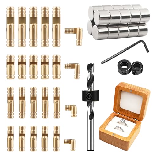 Brass Hidden Hinges Set with Magnets 80 Piece 40 Cylinder Hinges in 4 Sizes 40 Neodymium Magnets Drill Bit Depth Stop Collar 270 Degree Folding for Jewelry Box Music Box DIY Woodworking