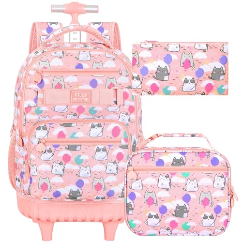 Pink Cloud Cat Rolling Backpack Set