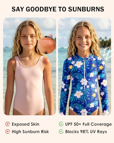 Image of Century Star UPF 50+ Girls Long Sleeve Swimsuit - Rash Guard Swimsuit Toddler Kids Teen One Piece Bathing Suit Zip 2-15Y