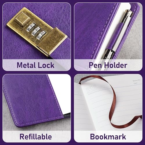 Image of Diary with Lock, A5 PU Leather Journal with lock, 240 Pages, Vintage Lock Journal with Pen & Gift Box, Lockable Diary for Women and Men, 8.6 x 5.8 Inches (Perple)