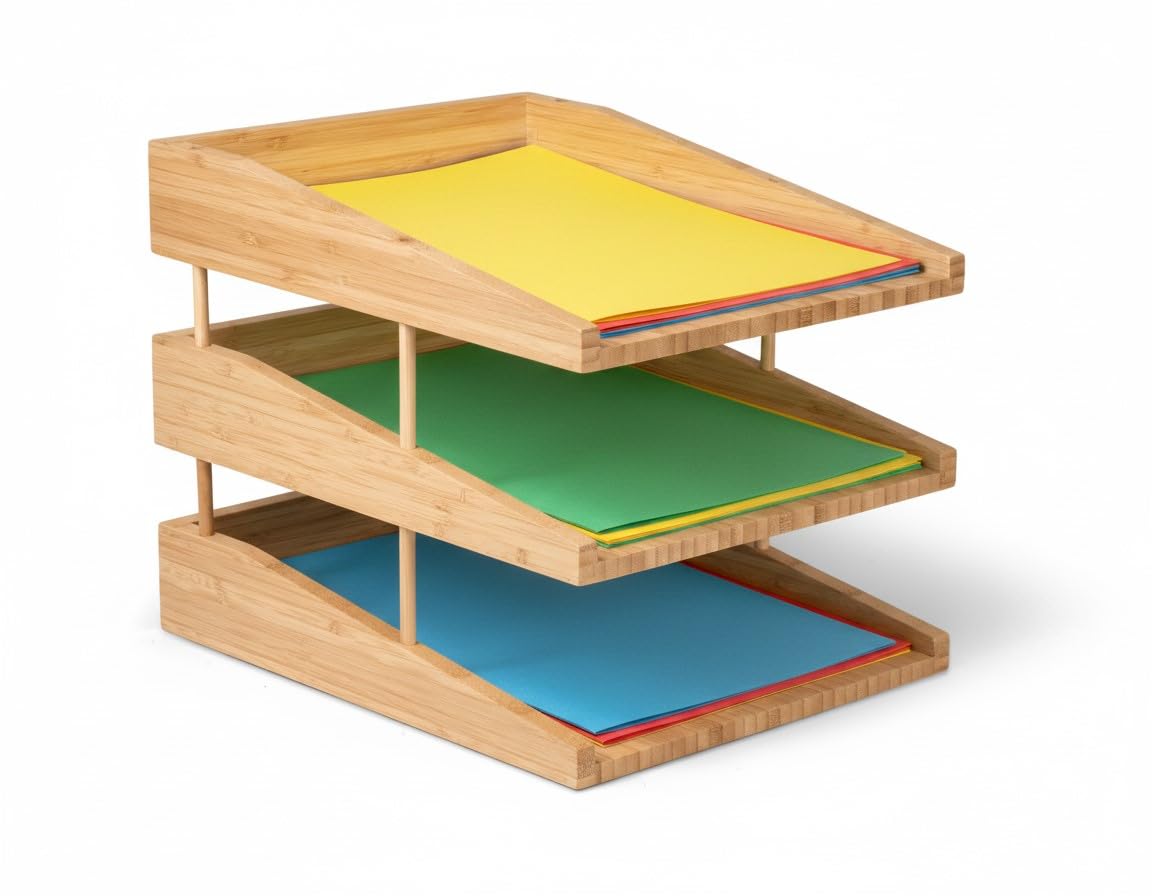 OSCO Bamboo Three Letter Trays with 12 Risers | 3 Trays | A4 | Easily Stackable | Desk File Organiser | Paper Storage | Office Document Sorter | Eco-Friendly | Natural Bamboo | H26.4 x W26 x D33 cm
