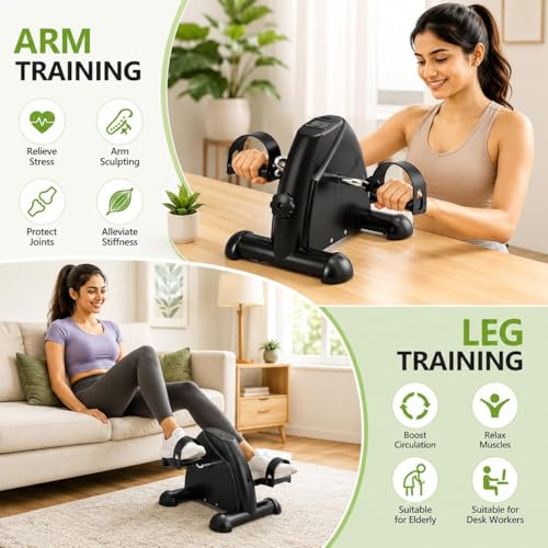 Image of Mini Exercise Bike Pedal Exerciser for Home & Office, Portable Under Desk Cycle Trainer for Arm & Leg Workout, Compact Fitness Pedal Machine, Non-Slip Pedals, Stable Base (Black)