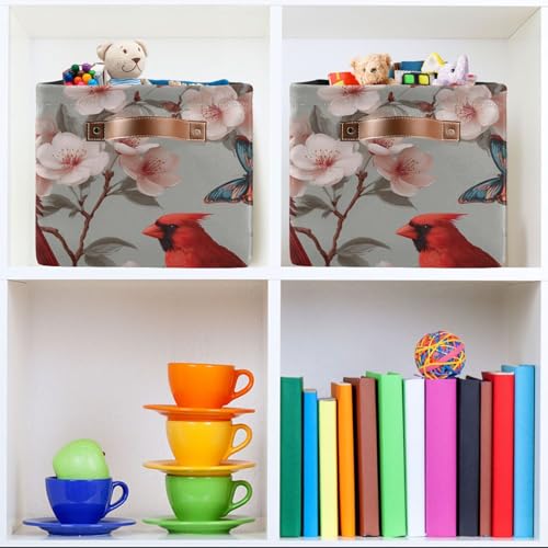 Image of Aslsiy Storage Basket Cardinal Blooming Cherry Nursery Bins Butterfly Baby Box Canvas Clothes Shelf Basket Laundry Hamper Gift Basket for Home Closet 1 Pcs