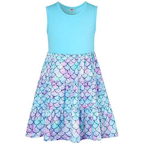 Lovekider Girls Dress 5-6 Years Old Casual Sleeveless Sundress One Piece A-line Twirling Play Dresses Blue Mermaid Scales Cover