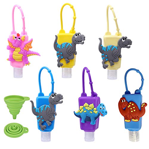DARUNAXY 6 Pack 30ml/1oz Silicone Bottles Holder Kids Cartoon Travel Portable Plastic Leak Proof Keychain Carriers-Random Colors Bottle/Without Liquid (Dinosaur)