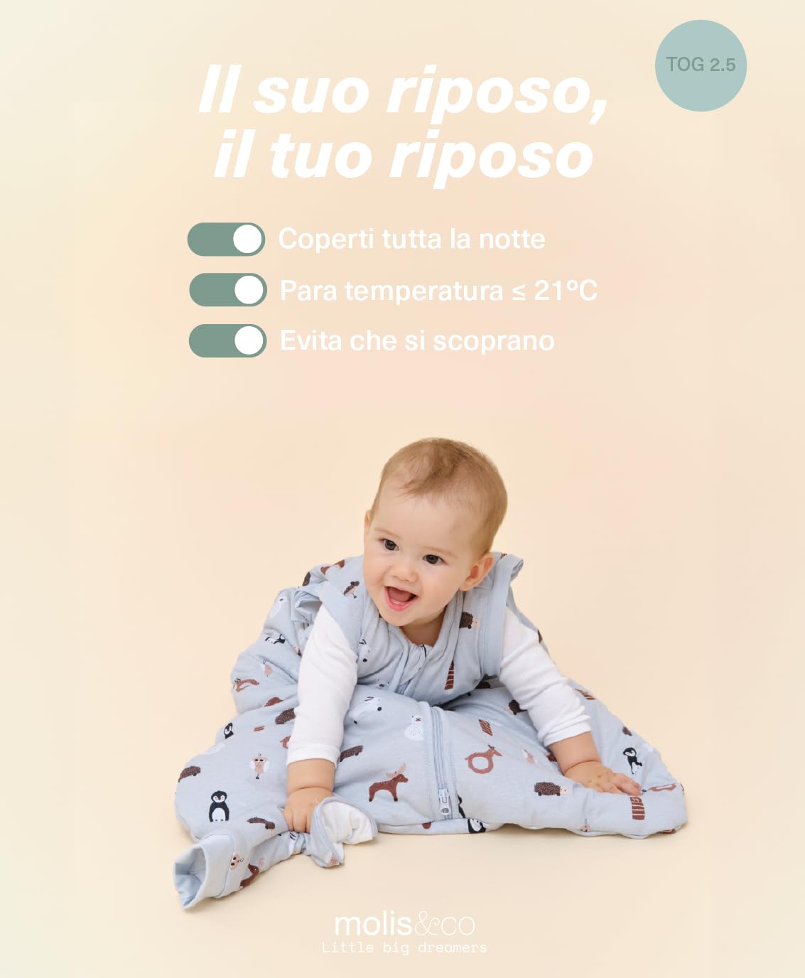 molis&co - Sacco nanna maniche staccabili per Neonati e Bambini - Sacchi Nanna 2.5 tog - 100% Cotone (Oeko-TEX 100) - Winter Animals (12 a 18 mesi)