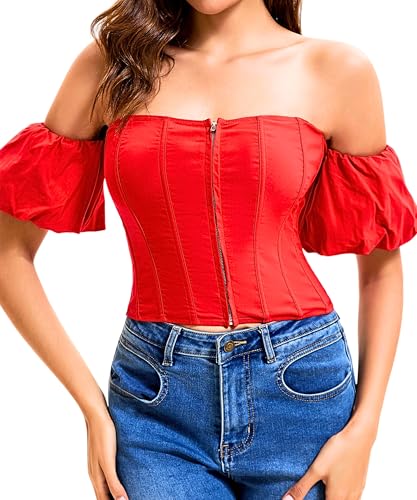 Tamooya Womens Dalia Off-Shoulder Corset Top Puff Short Sleeves Front Zipper Red (SXL) (US Alpha Large Regular Regular Red)