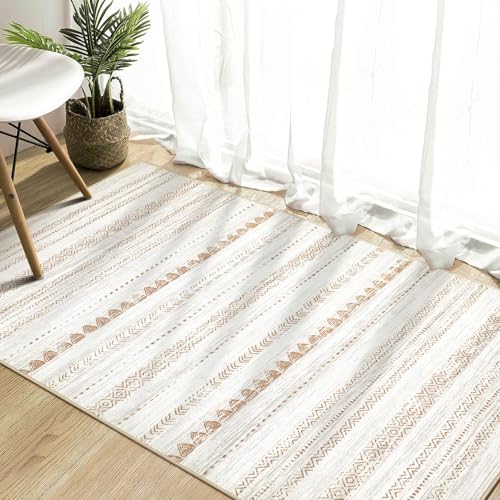 Nakagishi Area Rug Living Room Rugs: 3x5 Soft Machine Washable Boho Neutral Farmhouse Stain Resistant Moroccan Indoor Carpet for Bedroom Nursery Kids Entryway Kitchen Entry Bedside Home House- Brown