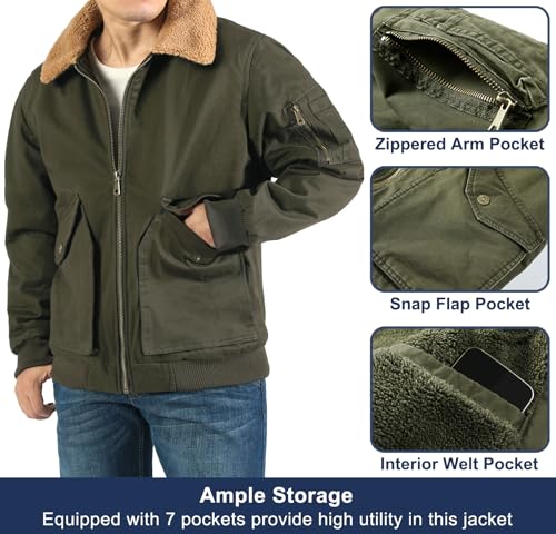 Image of LOUECHY Men's Washed Cotton Military Jacket Sherpa Lined Utility Jacket Thick Warm Winter Jacket