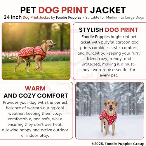 Image of Foodie Puppies Dog Winter Jacket - (Dog Printed, 24 Inch) for Medium to Large Dogs | Ultra Warm Waterproof & Windproof Coat | Adjustable Velcro Closure, Washable Vest for Cold Weather