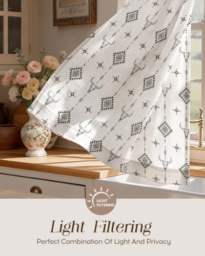Image of Miss Adola Boho Kitchen Curtains - 36 Inch Length Linen Blend Western Cow Cafe Curtains Western Tier Curtain Short Drapes Rod Pocket for Bathroom Living Room Windows Light Filtering, 2 Panels
