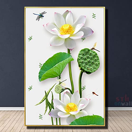 Peinture fleurs lotus affiche decoration murale grand format 80x110cm pour salon