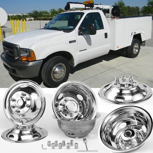 Image of 4pcs 16 inch Polished Stainless Steel Dually Wheel Simulators, Nice Looking Bolt On 8 Lug 4 Hand Hole Hubcaps Fit for 1974-1998 Ford F350, 2008-2021 E350 /E450 Van,1974-1999 Dodge Ram3500 Truck