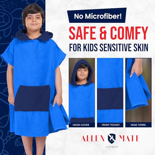 Image of ALLEN & MATE 100% Cotton Kids Hooded Surf Poncho Changing Robe, Quick Absorbent Wearable Swim Towel Boys & Girls, 6-13 Years