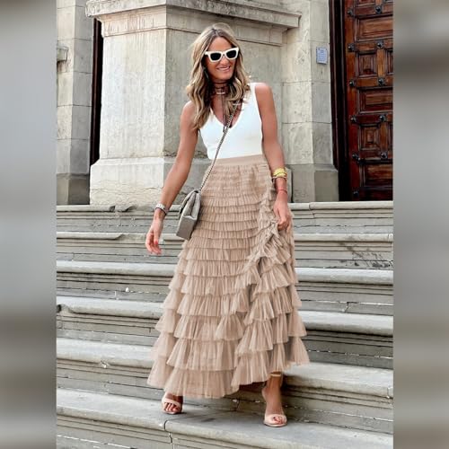 Long Tulle Skirt for Women Elastic High Waist Tutu A Line Fairy Skirt Mesh Layered Ruffle Skirt Tiered Maxi Skirts Petticoat3