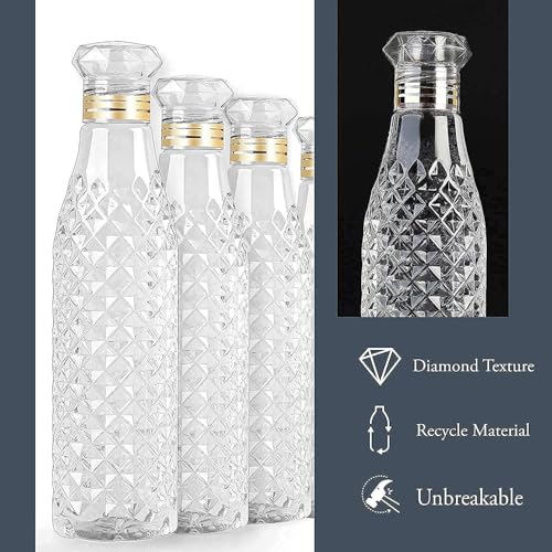 Image of Plastic Fridge Water Bottle - Crystal Diamond Cap Water Bottles for Kitchen, Home, Office, School, and Travel Set of (4)