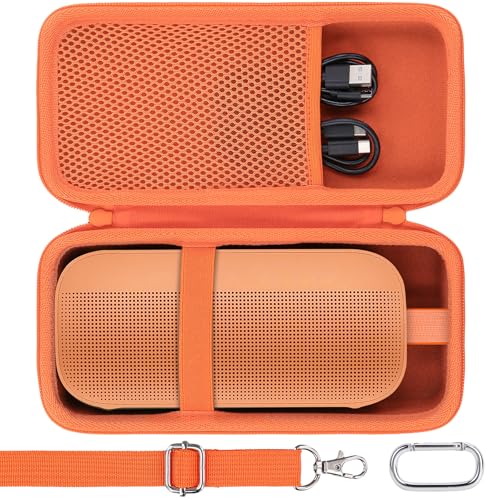 Image of co2CREA Hard Travel Case for Bose SoundLink Flex 2 /1 Speaker, Orange | Carabiner Attachment, Comfortable Handle, Detachable Shoulder Strap, Accessory Organization, Secure Protective Storage