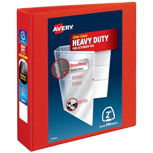 Avery Heavy-Duty View 3 Ring Binder 2 Inch One Touch EZD Rings 540-Sheet Capacity 2.8 Inch Wide Spine Versatile for Home School Office 1 Red Binder (79225)