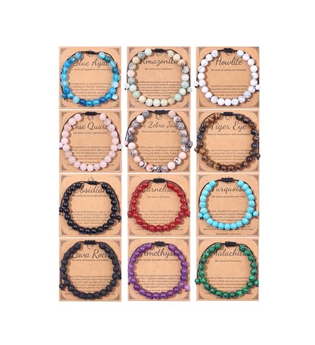 MOZAKA 12PCS 8mm Beaded Bracelets for Women Men Crystal Bracelet Semi-Precious Gemstone Beaded Bracelets for Women