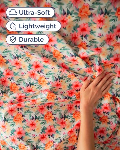 Image of Twin 3 Piece Floral Sheet Set - Breathable & Cooling - Sunset Hibiscus | 1 Flat, 1 Fitted & 1 Pillowcase w / Deep Pockets, Boho Botanical Floral Bedding, Breathable & Cooling, Wrinkle & Fade Free