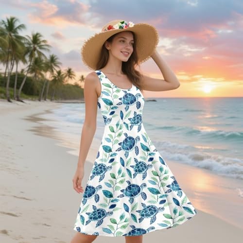 Image of Women's Casual Loose Sundress Midi Sleeveless Crewneck Dress Summer Beach Tank Dress with Pockets
