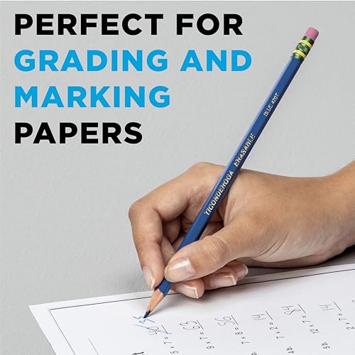 Image of Ticonderoga Erasable Checking Wood-Cased Pencils, Pre-Sharpened | Blue, 12 Count, Teacher Correcting, with High Quality Eraser