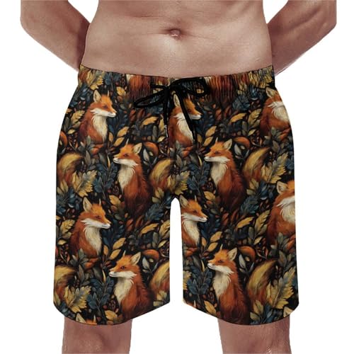Hawaiian Shorts for Men - Comfy Retro Forest Fox Print Mens Swim Trunks Bathing Suits with Mesh Lining