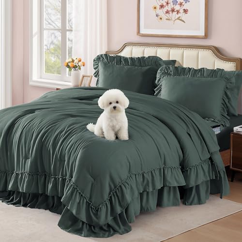 Image of Full Size Comforter Set Forest Green Ruffle 7 Pieces Farmhouse Bed in a Bag | Shabby Chic Fluffy All Season Bedding Sets with Sheets, Pillowcases & Shams