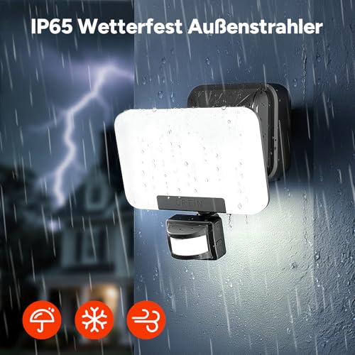 OREiN Led Strahler mit Bewegungsmelder Außen 3000LM, 2700/4000/6500K Warm-/Neutral-/Kaltweiß Superhell 27W Außenstrahler mit 3 Leuchtmodi, IP65 Wasserdicht Fluter Flutlicht für Garage, Hof, Haustür