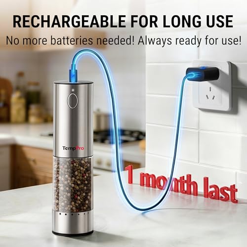 Image of TempPro 100ml Electric Salt and Pepper Grinder Set Rechargeable, Automatic Pepper Grinder Shakers with External Adjust, Refillable Pepper Mill, Gift for Him Dad Father(Previously ThermoPro)