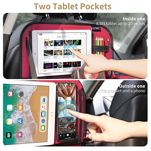 Image of LUCMO Car Backseat Organizer with Foldable Tablet Holder,Red | 6 Storage Pockets,Foldable Food Tray,Protectors Kick Mats,Travel Accessories,Seat Cover,Road Trip Essentials