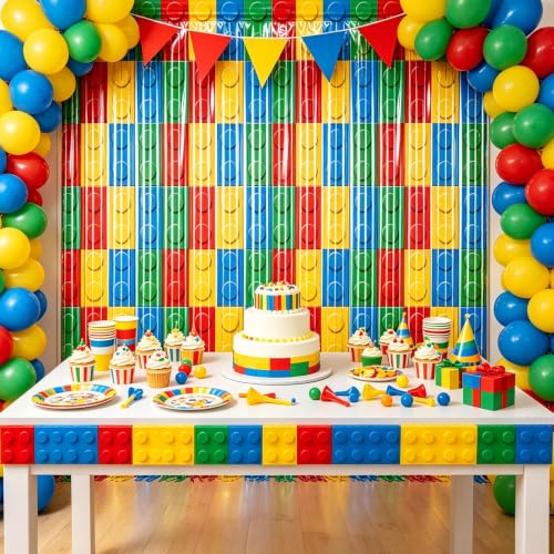 Image of 2 Packs Building Block Foil Fringe Curtain, Red Yellow Blue Green Glitter Metallic Tinsel Backdrop for Birthday, Baby Shower, Video Game Theme Party Decorations Supplies