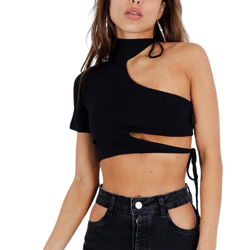 Women's Summer Solid Color Slim Fit One-Shoulder Halter Backless Top | Black-XL-image-41