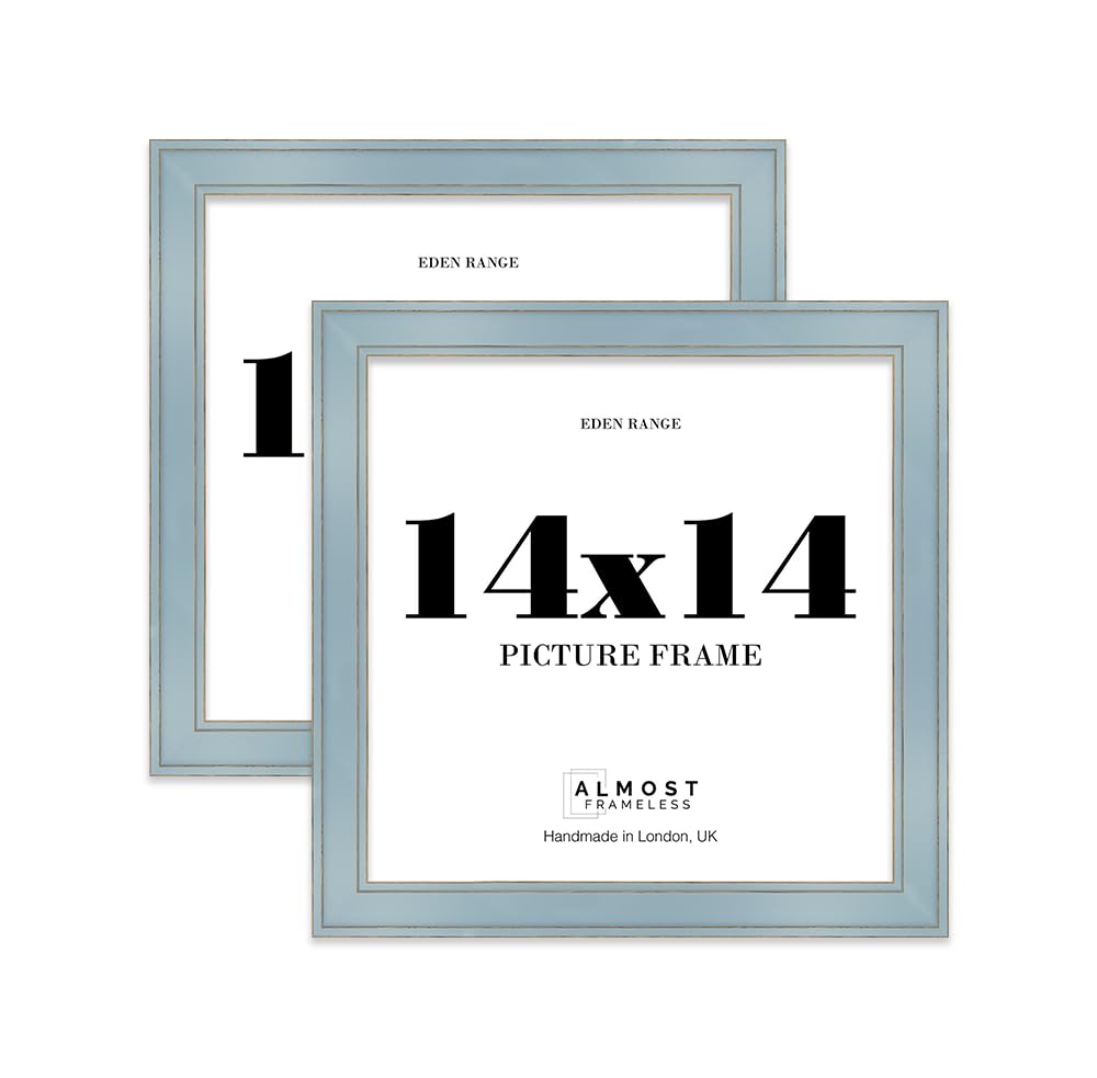 14x14 Cornflower Blue Picture Frame - Shabby Chic Photo Frame with Distressed Finish, Gold Trim, Wall Hooks, 37mm Edge - 2 Pack