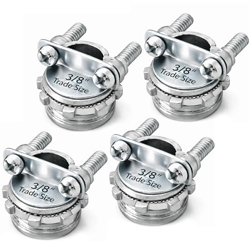 (4 PACK) Airmont Products 3/8 Inch Clamp Type NM Cable Connector Zinc Die Cast Connector for Electrical Boxes Fits 1/2 Knockout For Non-Metallic NM Cable Secure Strain Relief UL Listed