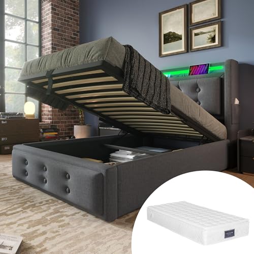 Generisch Cama tapizada 90 x 200 cm, cama individual con cabecero LED y función de carga USB C, cama hidráulica con somier de láminas de madera y marco de metal, capacidad de carga de 150 kg, gris
