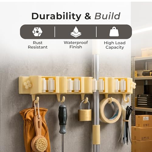 Image of HomeEssentials Mop & Broom Holder: Wall-Mounted Organizer with 4 Racks & 5 Hooks. Heavy-Duty Self-Adhesive Storage for Kitchen, Garage & Laundry. Space-Saving Utility Rack for Garden Tools (Beige)