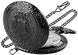 Realpoo Black Shield Men's Quartz Pocket Watch with Chain - Arabic Numeral Digital Scale