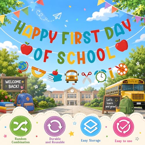 Image of Back to School Decorations - Happy First Day of School Banner Sign Decor for Indoor Outdoor | Back To School Garland Backdrop - Hanging Classroom Decor Party Favors Supplies