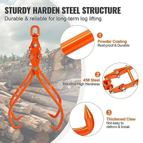 Image of VEVOR Timber Claw Hook, 36 inch 4 Claw Log Grapple for Logging Tongs, Swivel Steel Log Lifting Tongs, Eagle Claws Design with 3307 lbs /1500 kg Loading Capacity for Tractors, ATVs, Trucks, Forklifts