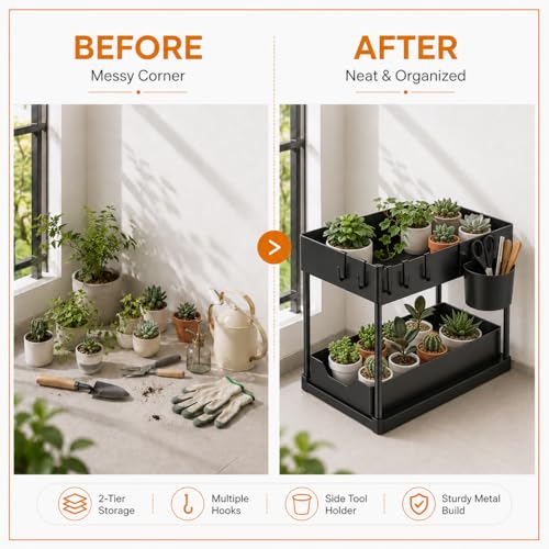 Image of Lifelong 2 Tier Plant Stand Indoor with Storage Tray and Hooks, Black Metal Plant Shelf for Small Potted Plants, Tabletop Organizer Rack for Home Kitchen Office, Space Saving Planter Stand
