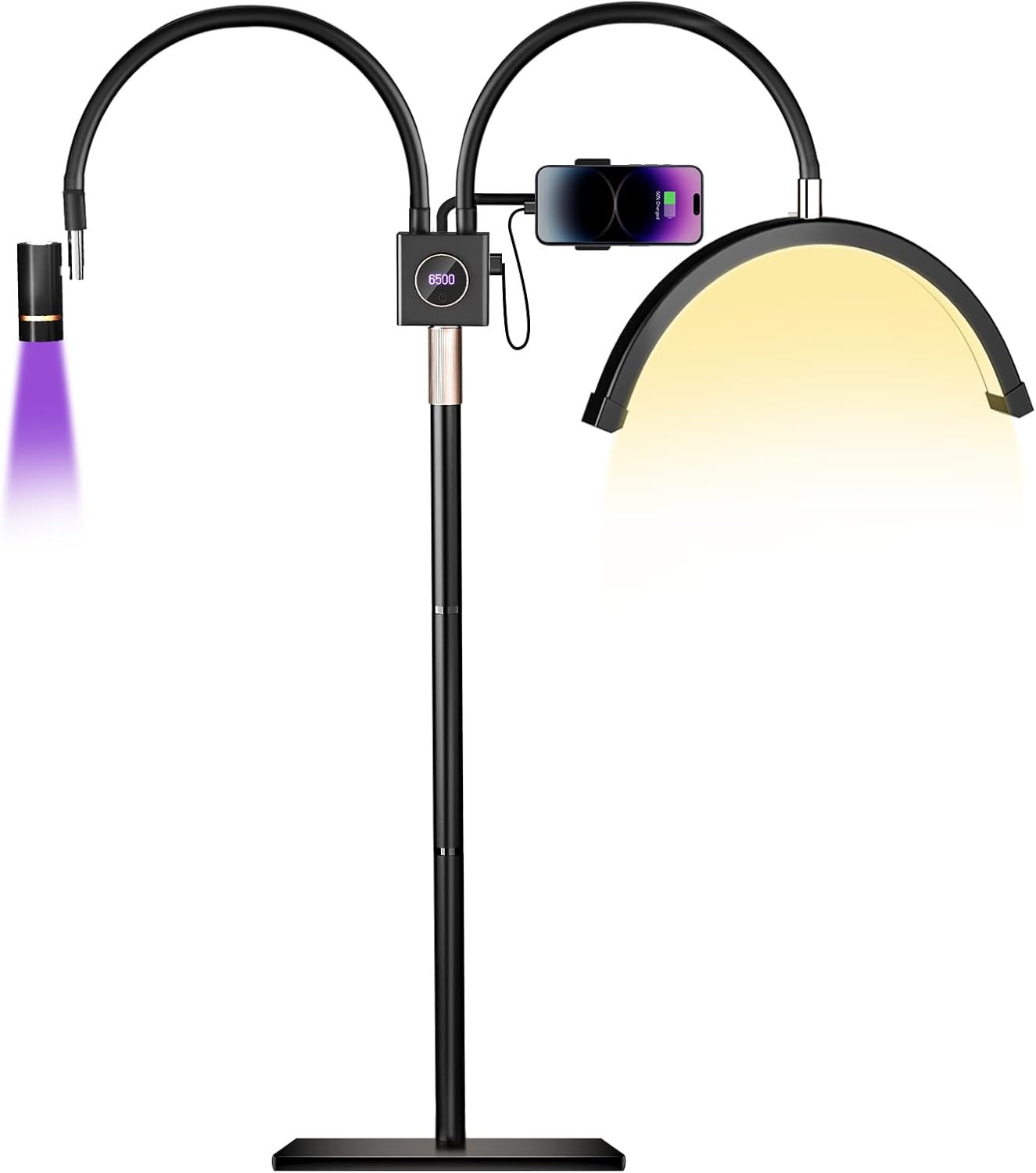 Half Moon Lash Light for Lash Tech, 3-in-1 Professional Esthetician Light with UV Lash Lamp & Phone Holder, Adjustable Height&Brightness for Tattoo,Nail Art,Skincare,Salon,Spa (Black)