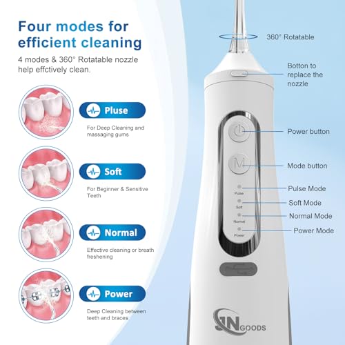 Image of JNGOODS Cordless Water Dental Flosser Oral irrigator,JNGOODS 310ml Rechargeable Water flosser for Teeth IPX7 Waterproof 4 Modes Portable Oral Irrigator with 4 Jet Tips,Travel Home use (White)