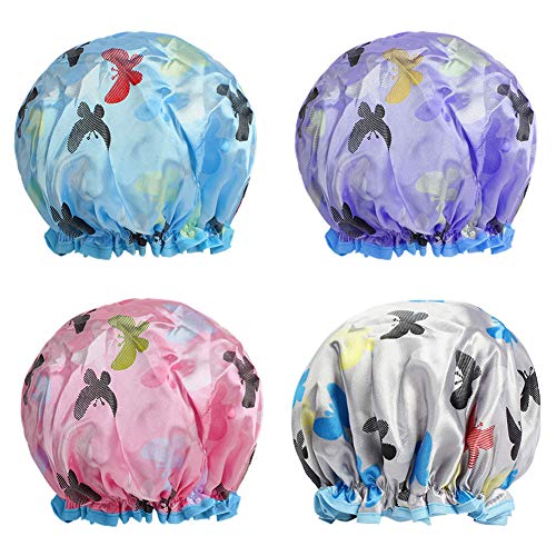 NKTM 4 PACK Shower Caps for Women all Hair Lengths and Thicknesses - Waterproof - Double Layer