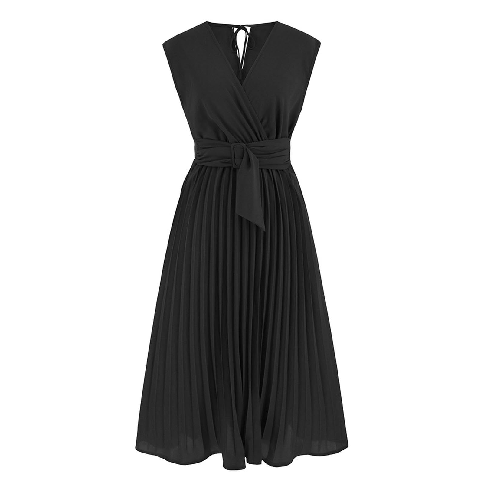 Abiti da Donna Abito Estivo Senza Maniche con Scollo A V E Cravatta, vestibilità Aderente, Gonna Midi Comoda E Plissettata, dalla S alla 2XL-b-m