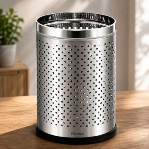 Image of mofna Stainless Steel Perforated Silver Dustbin for Home, Trash Can with Anti-skid Base, Garbage Bin for Bathroom, Office, Kitchen Commercial Use- (8x12 In -10 Liter, Pack of 2)