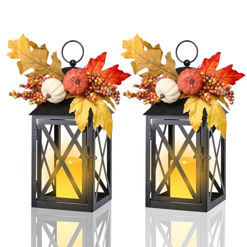 Bdor 2 Pack Fall Lantern Decor with LED Candle – 12 Inch Harvest Pumpkin Maple Leaf Hanging Lantern for Autumn Thanksgiving Table Centerpiece Indoor Outdoor Decoration, Battery Operated